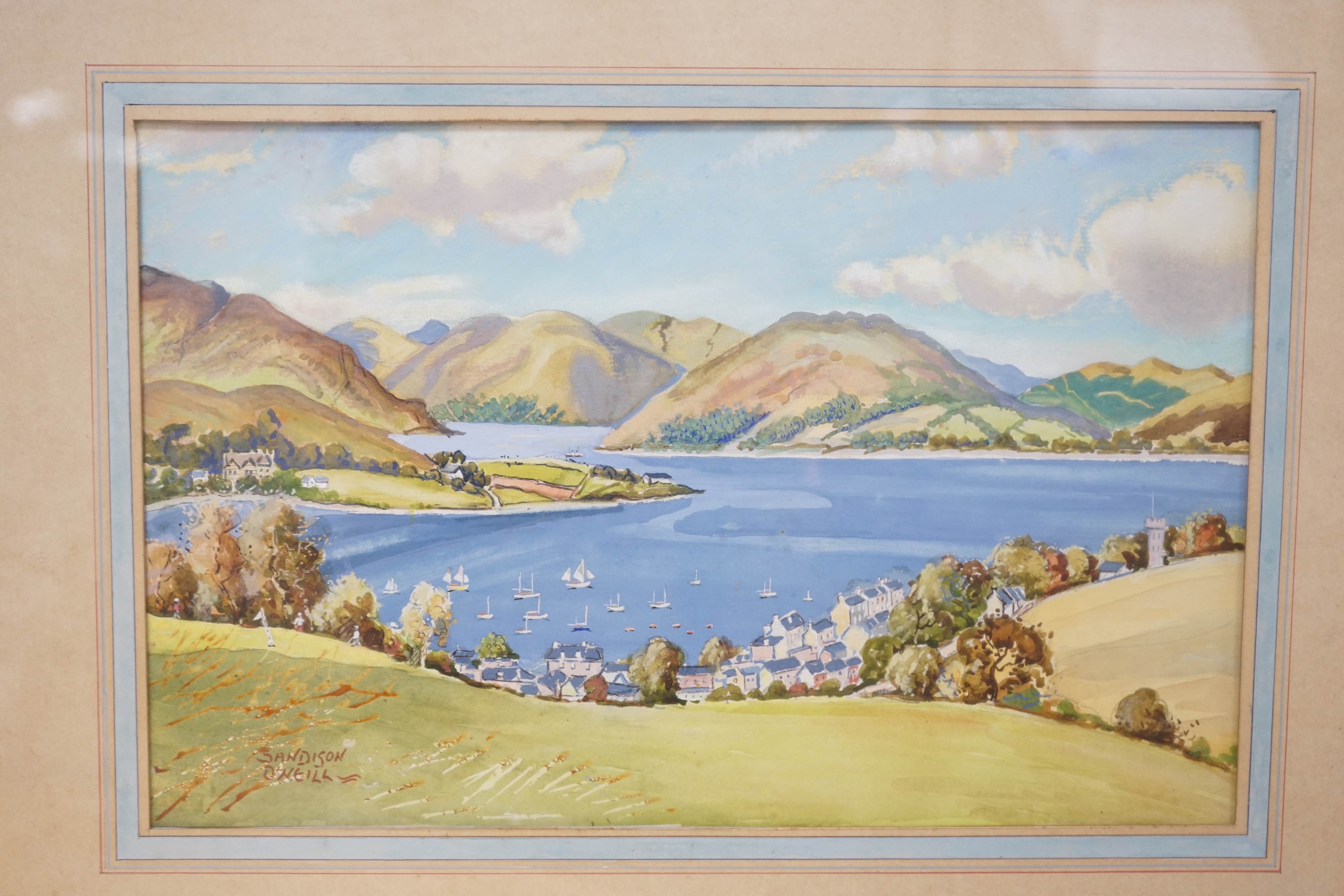 Sandison O’Neill (fl. 1930), gouache, View from Port Bannatyne, signed, Exhibition label verso, 23 x 36cm